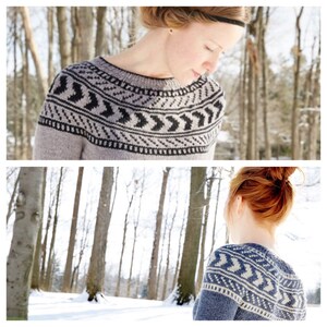K&ouml;nnte beinhalten: Zwei Frauen tragen Strickpullover mit einem geometrischen Muster in Graut&ouml;nen, Schwarz und Wei&szlig;. Die Pullover haben ein Chevron-Muster und eine Herzform am Ausschnitt. Die Frauen stehen in einem verschneiten Wald.