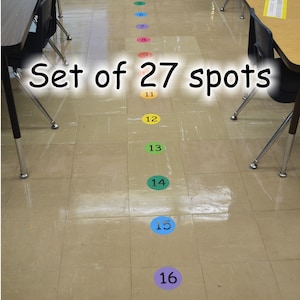 Teacher&#39;s helper - set of 27 floor decals. Spots: &quot;Line Leader&quot;, &quot;Door Holder&quot; and numbers 1-25