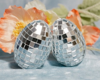 Two Disco Eggs Mirrored Mosaic Sculptures Disco Ball Spring Easter Decor