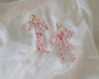 Baby Pink Beaded Bow Huggie Hoop Earrings
