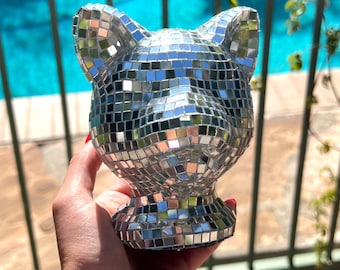 Kitty Cat Disco Head Mirrored Mosaic Sculpture Disco Ball Animal Decor