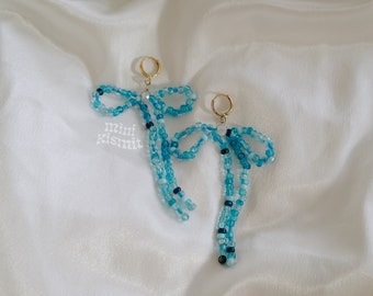 Blue Beaded Bow Huggie Hoop Earrings