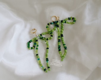 Green Beaded Bow Huggie Hoop Earrings