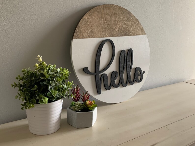 Home Decor Hello Wood Sign Farmhouse Sign Wood Round Sign Etsy