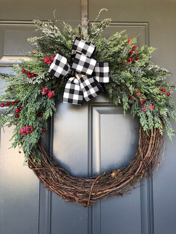 Christmas Wreaths For Front Door Christmas Door Wreath Christmas Wreaths Holiday Wreath Buffalo Check Wreath Holiday Decor