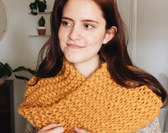 Knit Wool Cowl Infinity Scarf Mustard