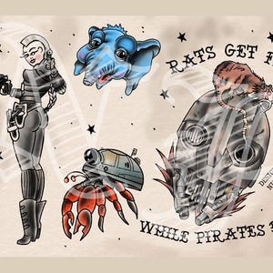 Puede incluir: Un conjunto de cinco diseños de flash de tatuaje coloridos con una mujer con un atuendo negro, una criatura alienígena azul, un cangrejo con una cabeza de robot, una rata en un droide y el texto "Rats Get Fat While Pirates Die".