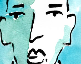 Male portrait 8x10 art, Original ink drawing, original watercolor, minimalist art, line drawing, home decor, drawing