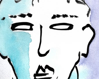 Male portrait 8x10 art, Original ink drawing, original watercolor, minimalist art, line drawing, home decor, drawing