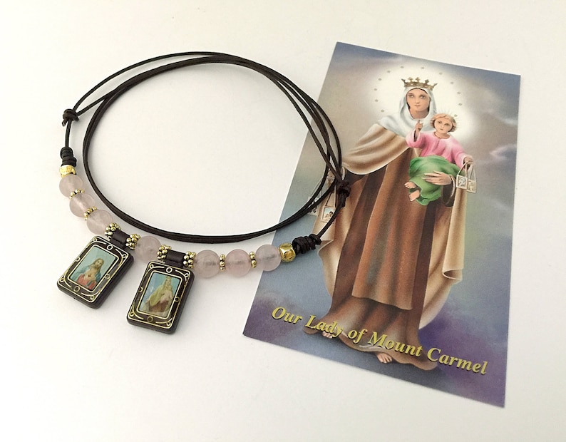 Rose Quartz and Brown Scapular. Scapular of Our Lady of Mount Ca