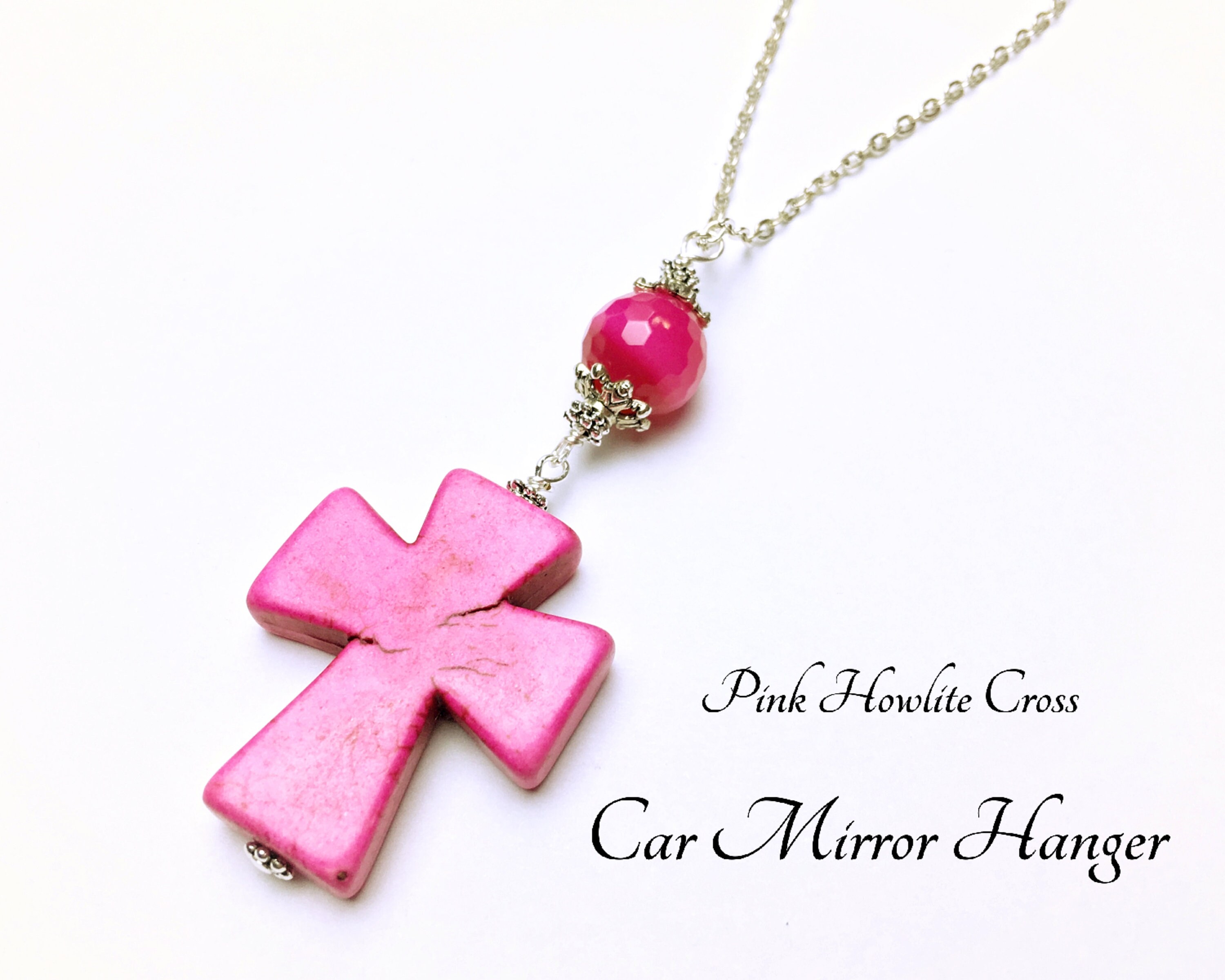 Pink Howlite Cross Pendant Car Mirror Charm Rear View Gemstone And New Gift Catholic K C2