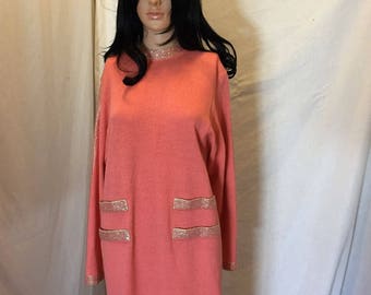 Vintage 80s Don Sayres For Wellmore Peach Embellished Dress Wool Knit Rayon Size 4