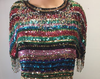 Vintage Sho Max Originals Beaded Sequined Fringe Evening Silk Top Blouse Rainbow Color Short Sleeves