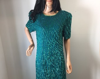 Vintage Lawrence Kazar Teal Green Art Deco Long Sequin Silk Dress Short Sleeves L