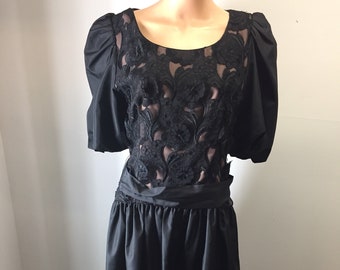 Vintage 70s Miss Elliette California Black Floral Lace Bodice Dress with Puffy Sleeves Full Skirt