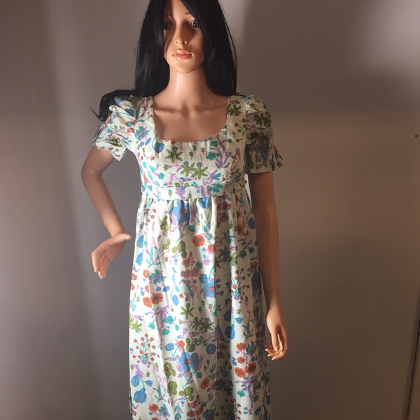 Vintage 50s 60s Priscilla of Boston Handmade Boho Hippie Floral Maxi Dress Empire Waist Ruffled Sleeves and Hem
