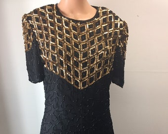 Vintage JWL Sequin Beaded Silk Cocktail Party Dress Black and Gold Diamond Pattern M