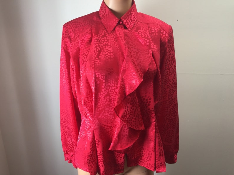 Vintage Notations Womens Red Blouse Ruffled Front Long Sleeves Polyester Top Button Front 6