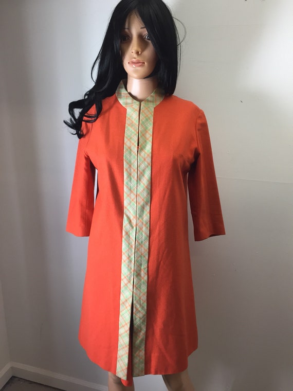 Vintage Mod Orange Kaftan Dress Plaid Trim Mandari