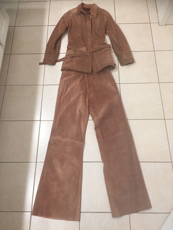 Vintage 60s Womens Two Piece Tan Brown Suede Leat… - image 1