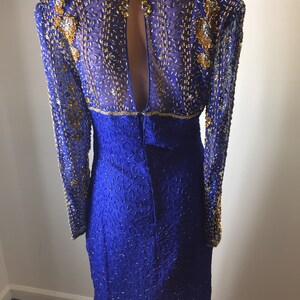 Vintage Lawrence Kazar Art Deco Purple Gold Beaded Silk Dress Long Sleeves S image 8