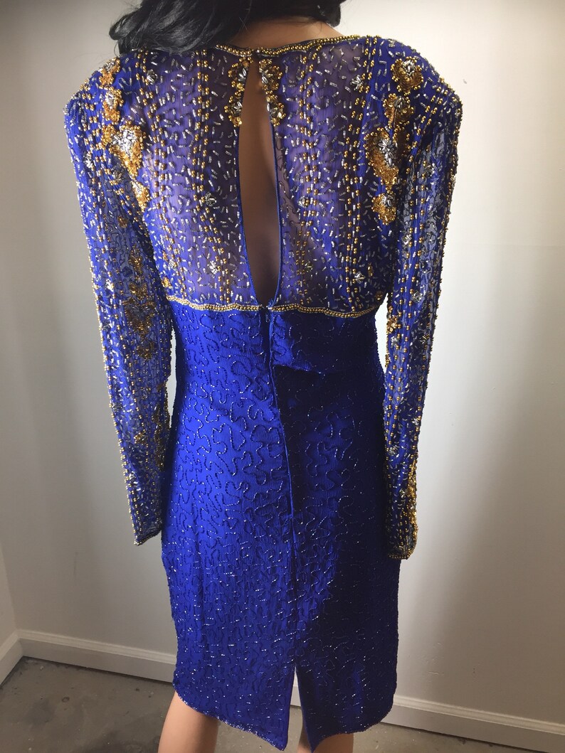 Vintage Lawrence Kazar Art Deco Purple Gold Beaded Silk Dress Long Sleeves S image 8