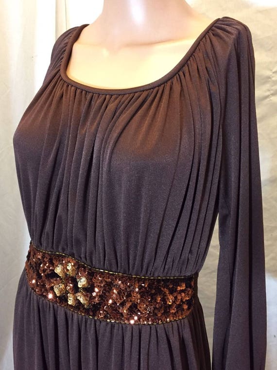 Vintage 60s 70s Disco Long Brown Polyester Dress … - image 2