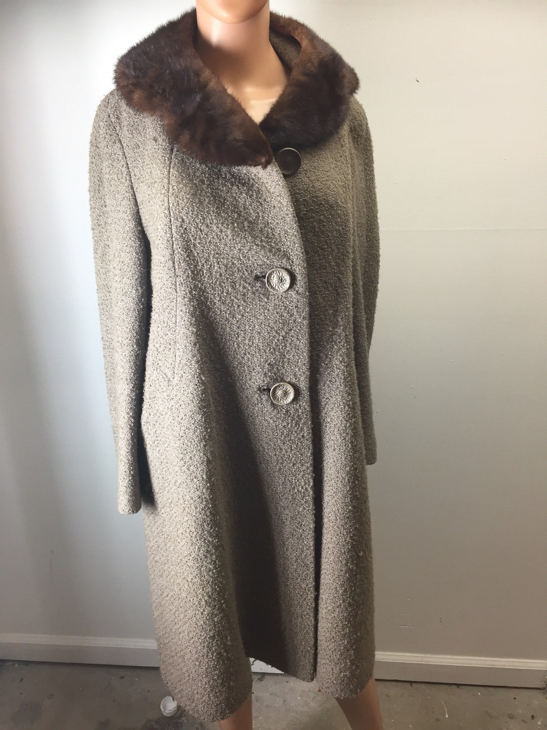 Vintage 60s Chubby Wool Coat Jacket Brown Mink Fur Collar - Etsy