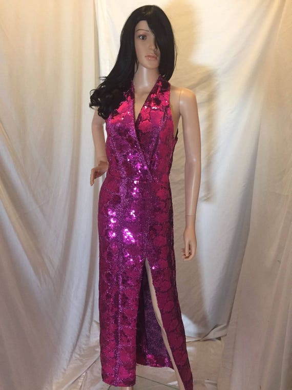 Glam and Sexy Hot Pink Sequin Halter Dress with F… - image 1