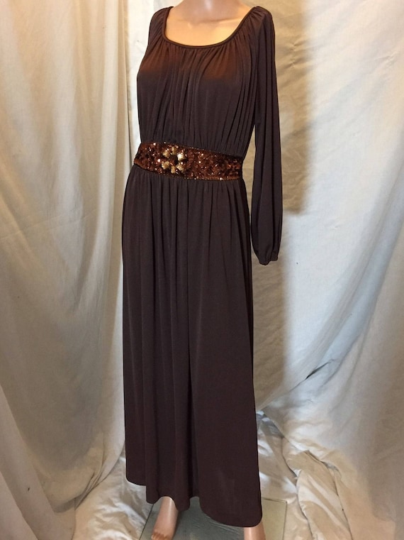 Vintage 60s 70s Disco Long Brown Polyester Dress … - image 1