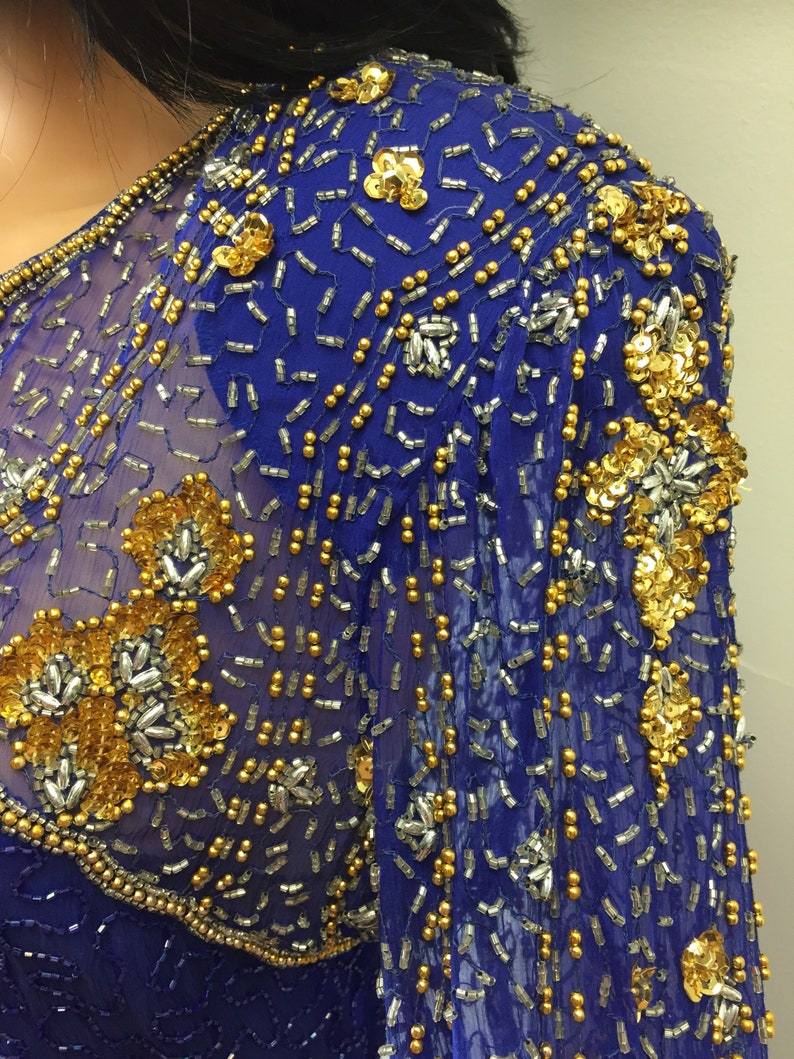 Vintage Lawrence Kazar Art Deco Purple Gold Beaded Silk Dress Long Sleeves S image 4