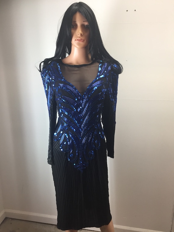 aj bari sequin dress Vintage Beautiful Beaded Art Deco Aqua Black Disco Dress Silk Cocktail Party Sequin Dress AJ Bari Very Heavy Beaded Sexy Back Less Dress
