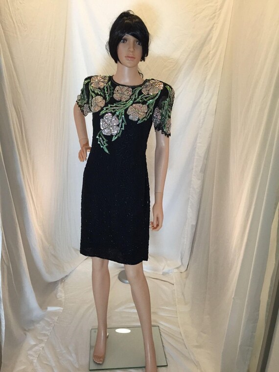 scala sequin cocktail dress SCALA -70115 V-Neck Sequin Short Cocktail Dress 4 / FOREST GREEN
