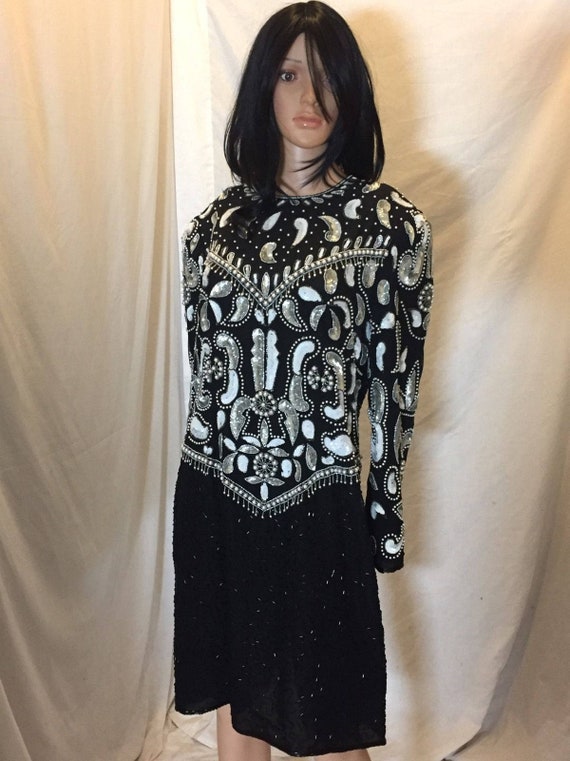 Scala Vintage Art Deco Black and White Silk Beade… - image 1