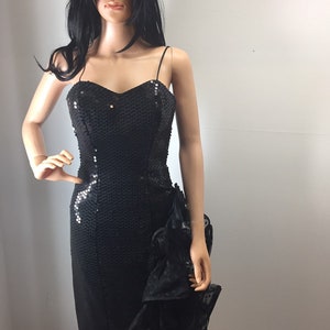 Vintage 80s Prom Cocktail Party Dress Black Sequin Ruffles with Rhinestone Brooch 3