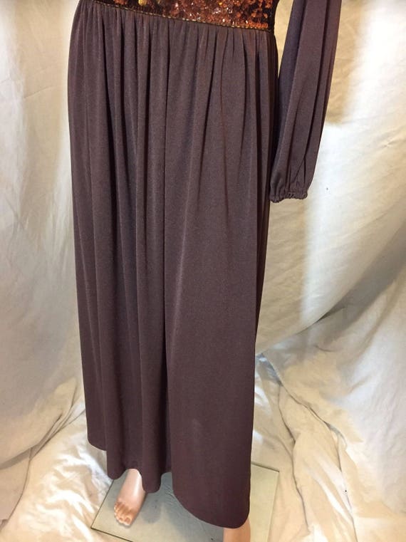 Vintage 60s 70s Disco Long Brown Polyester Dress … - image 10