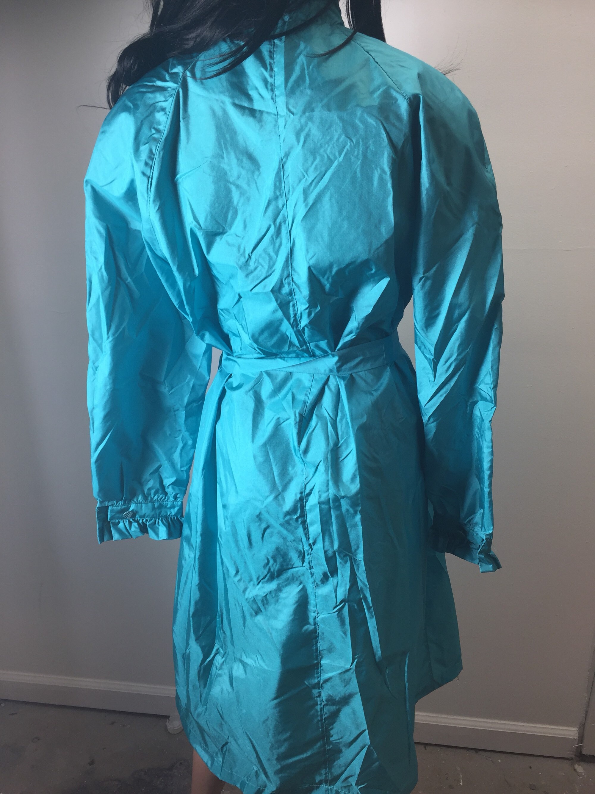 Vintage 80s the Totes Coat Aqua Teal Belted Rain Jacket Trench