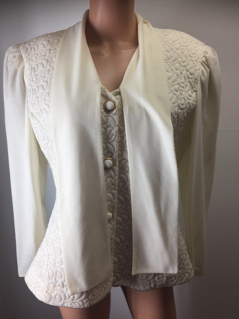 Vintage 70s Toni Todd Beige Blouse Top Gold Metallic Accents Quilted Pattern Neck Scarf Tie Attached 12