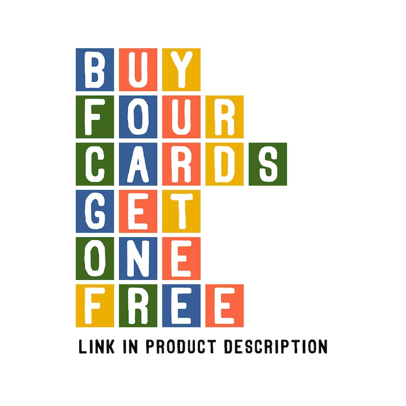 May include: A colorful graphic with the text "BUY FOUR CARDS GET ONE FREE" in a grid of squares. The squares are in shades of blue, green, yellow, and orange.