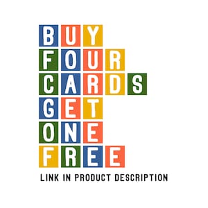 May include: A colorful graphic with the text "BUY FOUR CARDS GET ONE FREE" in a grid of squares. The squares are in shades of blue, green, yellow, and orange.