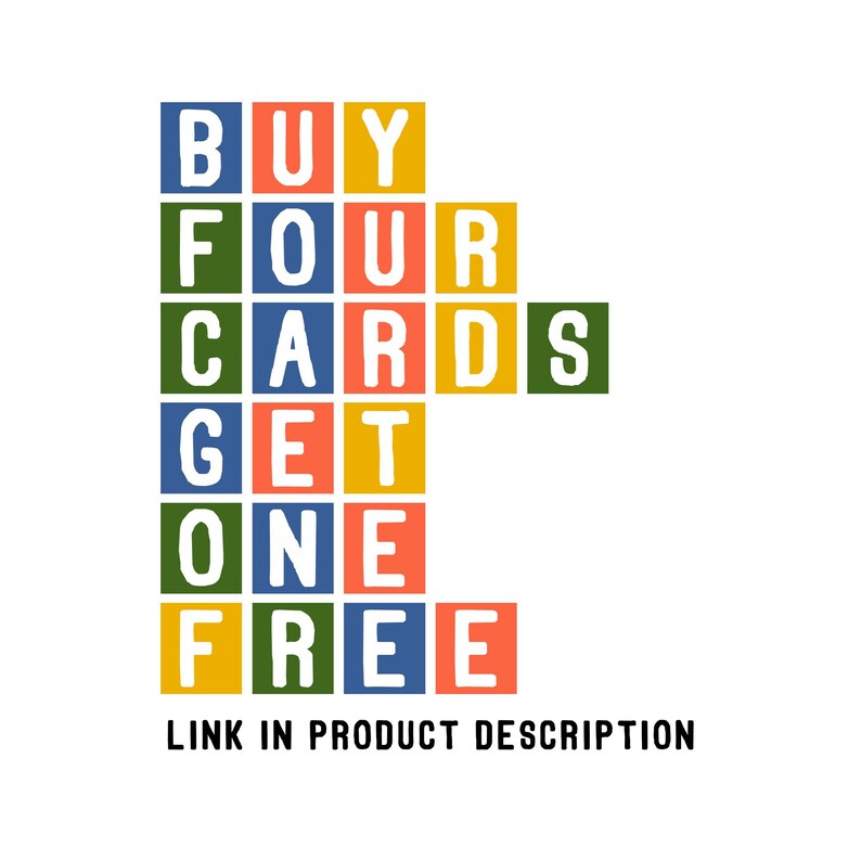 May include: A colorful word puzzle with the text "BUY FOUR CARDS GET ONE FREE" in a grid of squares. The squares are in different colors: blue, green, yellow, orange, and red.