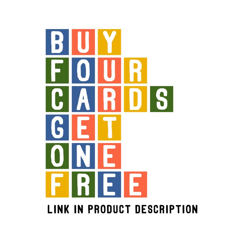 May include: A colorful graphic with the text "BUY FOUR CARDS GET ONE FREE" in a grid of squares. The squares are in shades of blue, green, yellow, and orange.