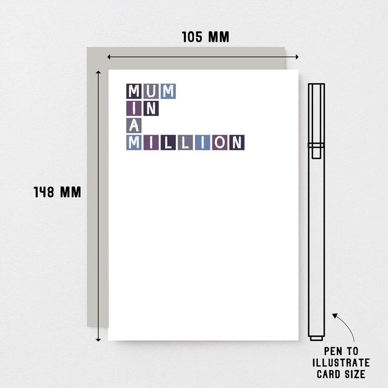 May include: A white card with the text "MUM IN A MILLION" in a colorful block font. The card measures 4.92 inches by 5.83 inches.