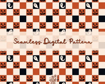 Pumpkin Ghost Checkered Pattern: Spooky Halloween Seamless Design (Digital Download)