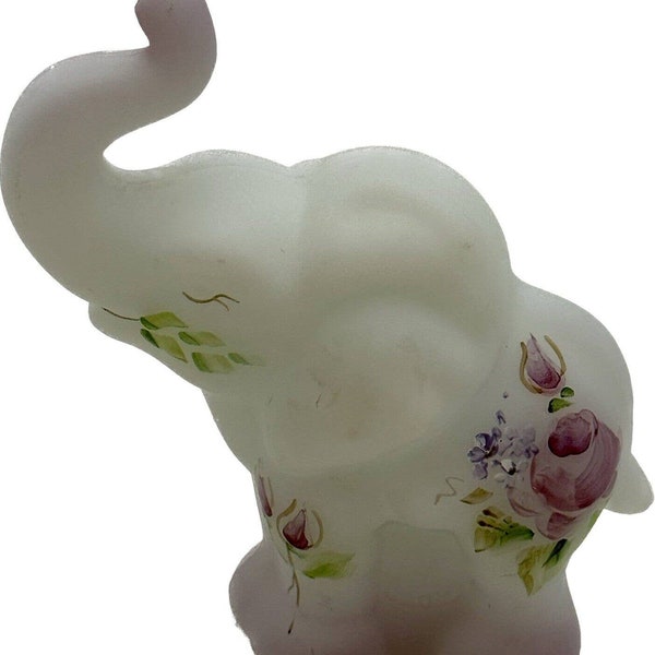 FENTON Elephant Satin Art Glass Pam Fleak Hand Painted Floral 3.5" SIGNED Purple