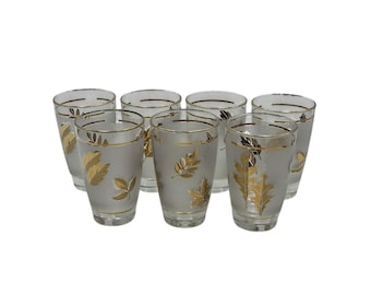 Vtg Mid Century Modern Libbey Gold Leaves Drinking Tumbler Glasses Set of 7