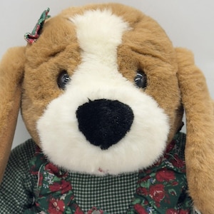 Vtg Commonwealth Brown Dog Plush Dress Christmas Stuffed Animal Toy Floppy Ears