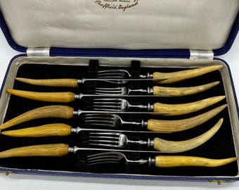 Sheffield Latham Owen Rustic Antler Horn Handle Steak Knives Forks Cased Set 11