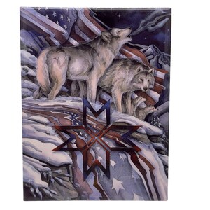 May include: A rectangular print with a watercolour illustration of wolves on a snowy mountain, with an American flag in the background. A large star-shaped design is in the foreground.