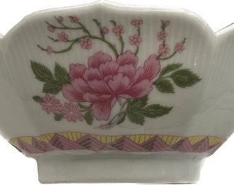 Mingei Bowl Porcelaine Artisanal Japon Rose Poses Fleurs Feuilles vertes Bord d’or